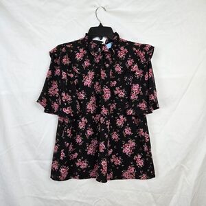 CeCe Women Black Pink Floral Blooming Romance Short Flutter Sleeve Blouse Medium